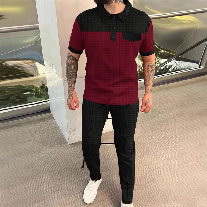 Men's Clothing New Waffle Color Stitching Lapel Chest Pocket Button Short Sleeved Trousers Suit_voghion.com