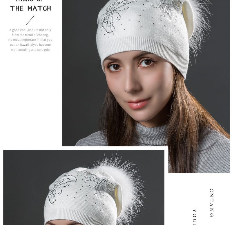 Women's Winter Fur Raccoon Ball Warm Hot Diamond Hollow Butterfly Knitted Versatile Fashion Pullover Hat_voghion.com