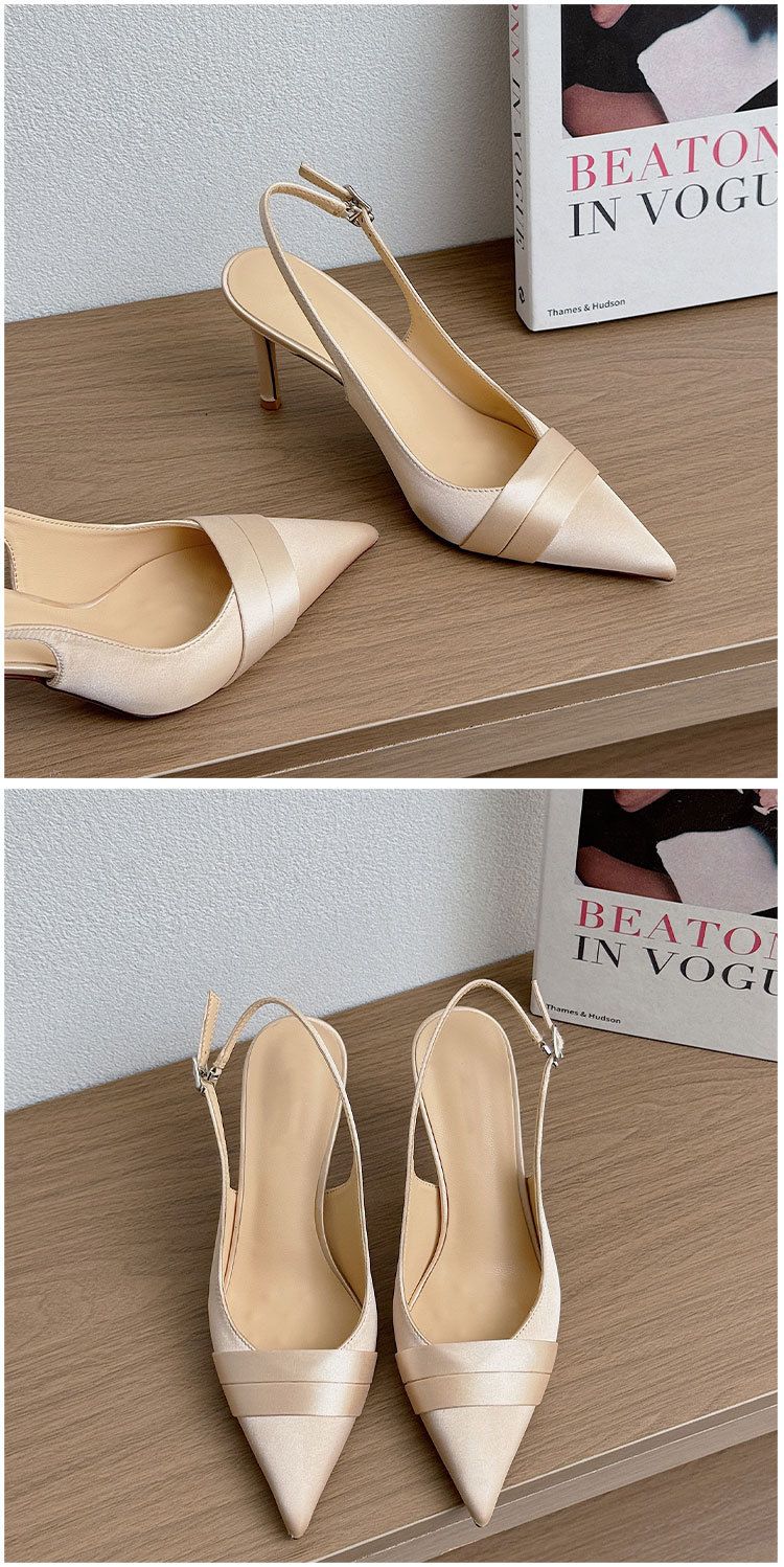 Sandalias Baotou de tacón fino para mujer, punta puntiaguda, estilo francés, satén, albaricoque, hebilla de una palabra con sandalias versátiles para mujer_voghion.com