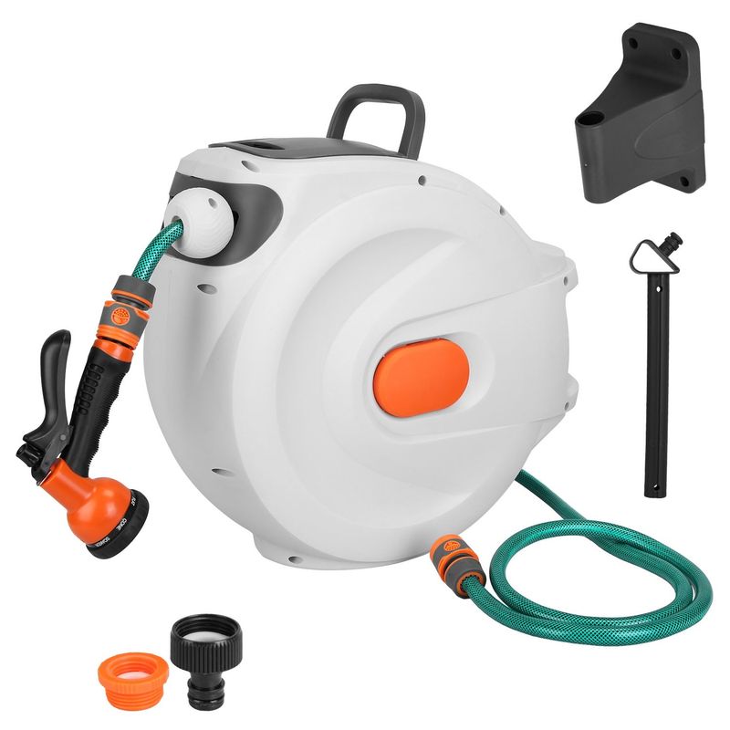 Retractable Garden Hose Reel Wall Mounted Automatic Water Hose Reel With Any Length Lock 8 Pattern Spraying Modes 180° Swivel Bracket_voghion.com