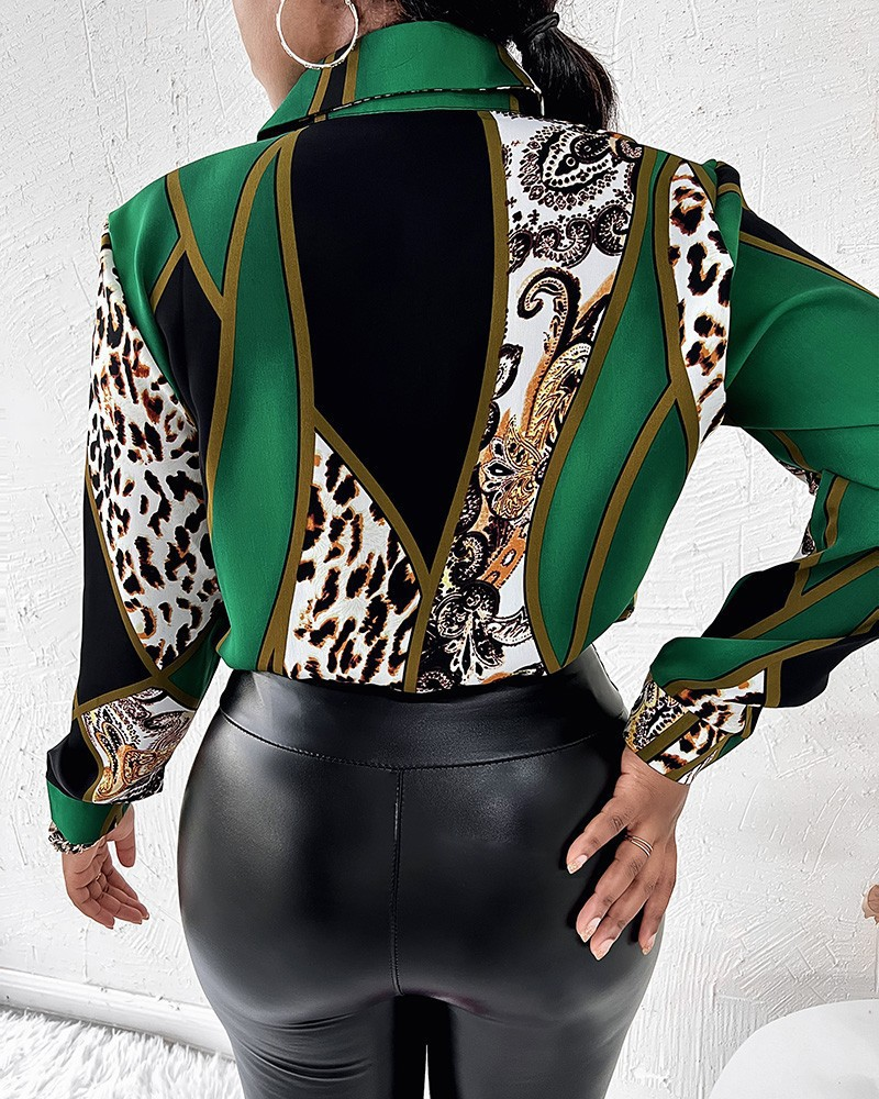 Damenbekleidung Damenmode Temperament Pendler Revers bedrucktes Langarmhemd_voghion.com