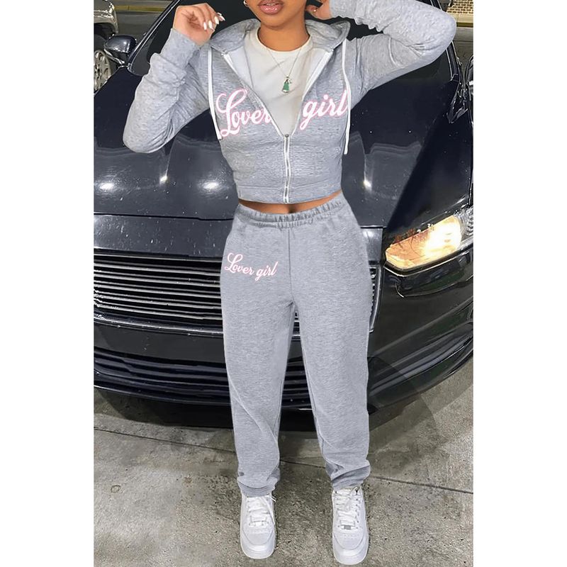 Zweiteiliges Set für Damen, Sport, Freizeit, Buchstabendruck, langärmelige Hose mit Stretch-Taille_voghion.com