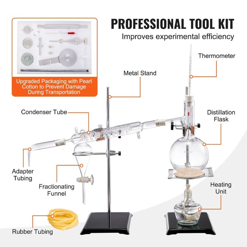 Kit Boro Glassware With Distillation Alcohol Lamp, Lab Distillation Apparatus, Oil 3.3 Distillation Essential Ceram Kit, 500ml_voghion.com