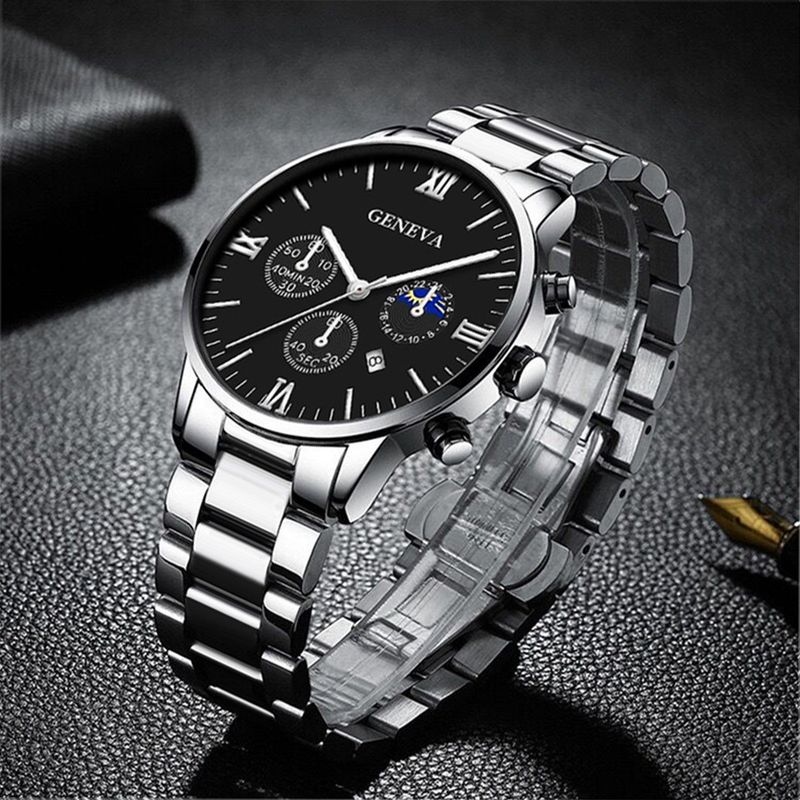 4-Stéck Sëlwer Bijouset fir Männer: Auer aus Edelstol, Kräizanhänger, Kette, Bracelet & Rank - Alloy Modern Accessoiren_voghion.com