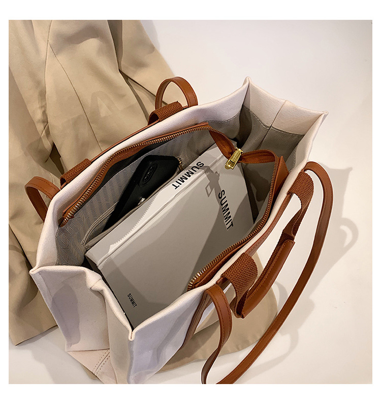 Borse tote da donna, semplici borse tote da donna con colori di tela a contrasto e tracolla singola di grande capacità._voghion.com
