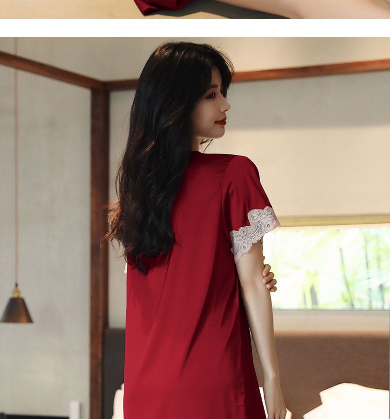 New Pajamas Women's Summer Ice Silk Loose Large Size European And Korean Version Sexy Lace Ice And Snow Silk Short-sleeved Nightdress Loungewear_voghion.com
