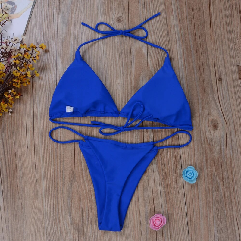 Kadın Tanga Bikini Yan Bağcıklı Seksi Bandaj Stil Brezilya Mayo Boyun Askılı Düz Renk Ayarlanabilir Mayo Takımı_voghion.com