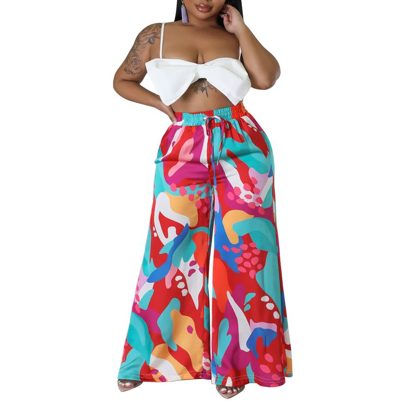 Pantalon décontracté à lacets pour femmes, taille élastiquée, avec poche imprimée, pantalon large_voghion.com