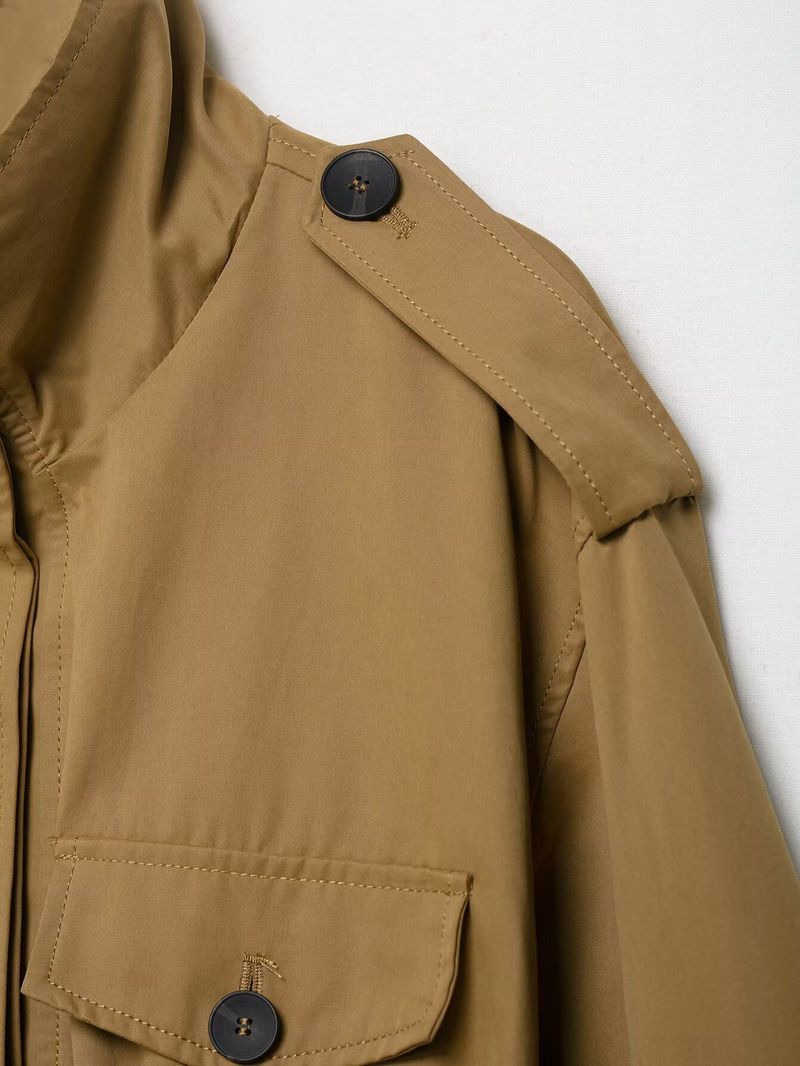 Chaqueta utilitaria de otoño para mujer con cinturón - Elegante gabardina corta para moda urbana (Caqui, S/M/L)_voghion.com