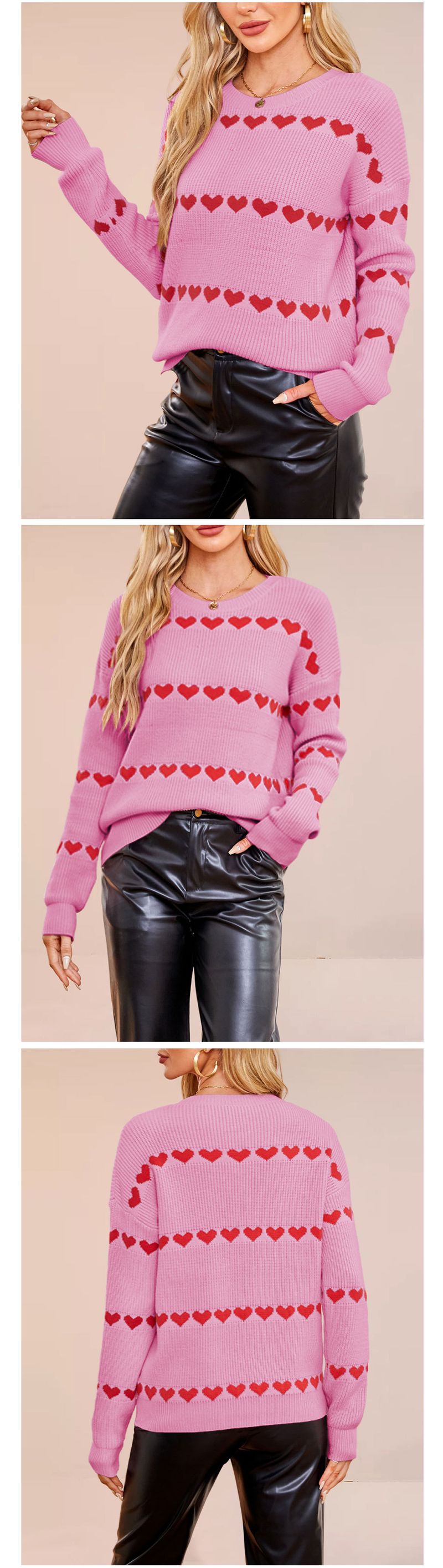 Cozy Oversized Knit Sweater With Heart Pattern - Women's Casual Pullover For Fall & Winter - Soft Viscose Blend, Streetwear Fashion_voghion.com