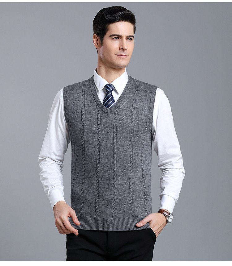 Men's Wool Blend Knit Vest, Solid Color Cable V-Neck Sleeveless Pullover, Casual Layering Piece For Autumn_voghion.com