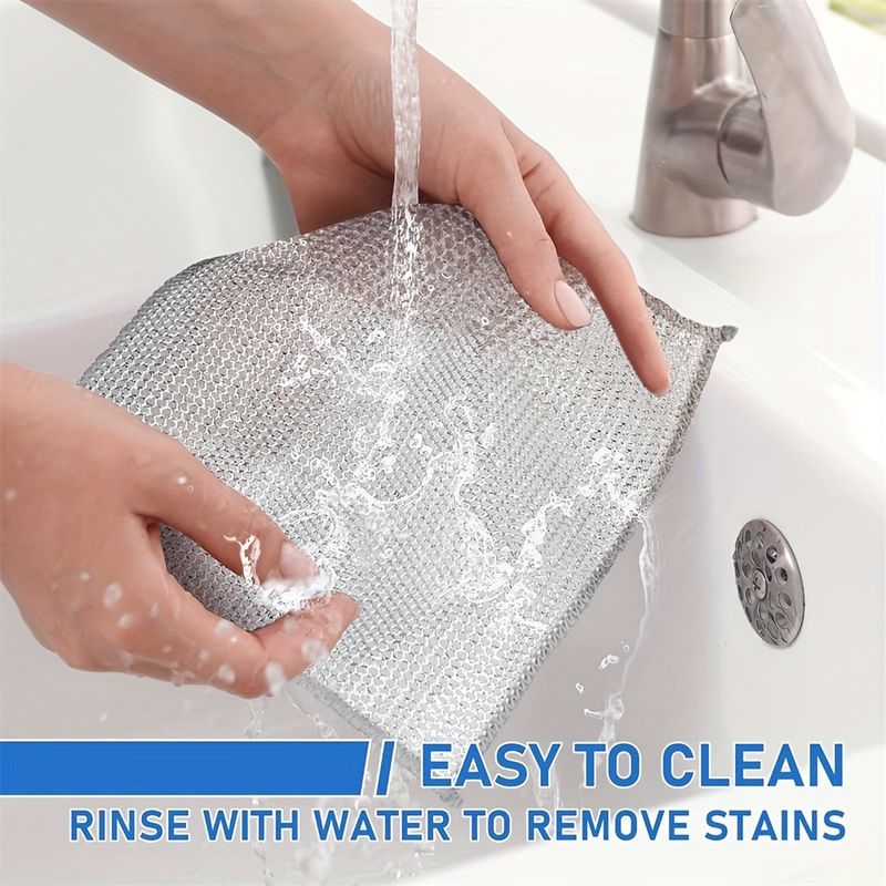 20-5pcs Thickened Steel Wire Cleaning Cloth Non-Scratch Double-layer Iron Microfiber Mesh Dishrag Washing Pot Rags Kitchen Towel_voghion.com
