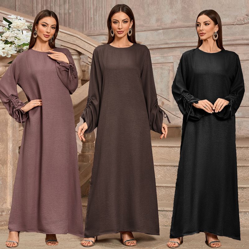 Abito lungo elegante alla moda da donna, in tessuto di poliestere, con cintura, lunghezza midi, maniche lunghe e regolari._voghion.com