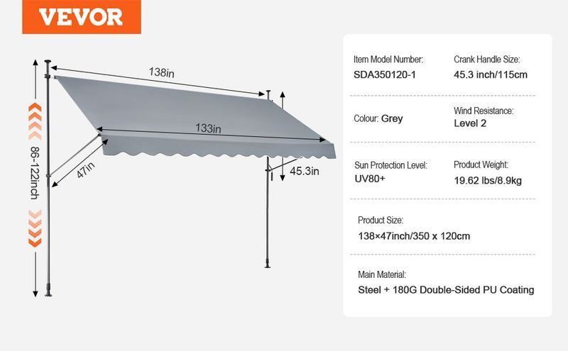 VEVOR 138x47" Patio Awning Retractable Awning Sunshade Shelter With Crank Handle_voghion.com