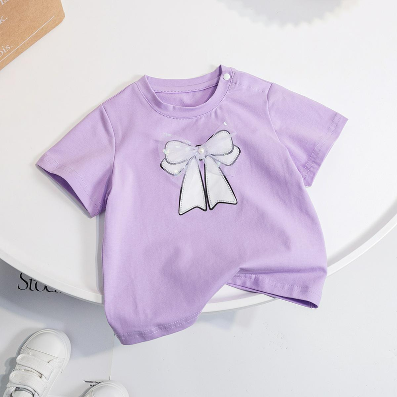 Baby Clothing Laste suvine lühikeste varrukatega kommivärvi mood lihtne vibu väikelaste lühikeste varrukatega magus T-särk_voghion.com