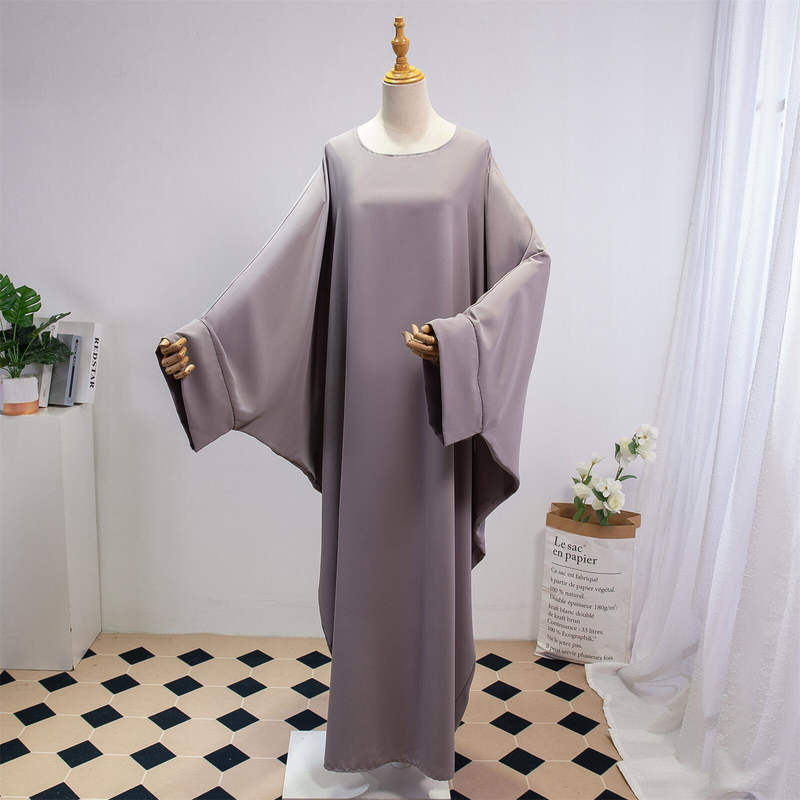 Dammekleeder Einfarweg Arabesch Kleed Fraekleed mat Kappduch Abaya Casual Loose Fliedermausärmel Robe_voghion.com