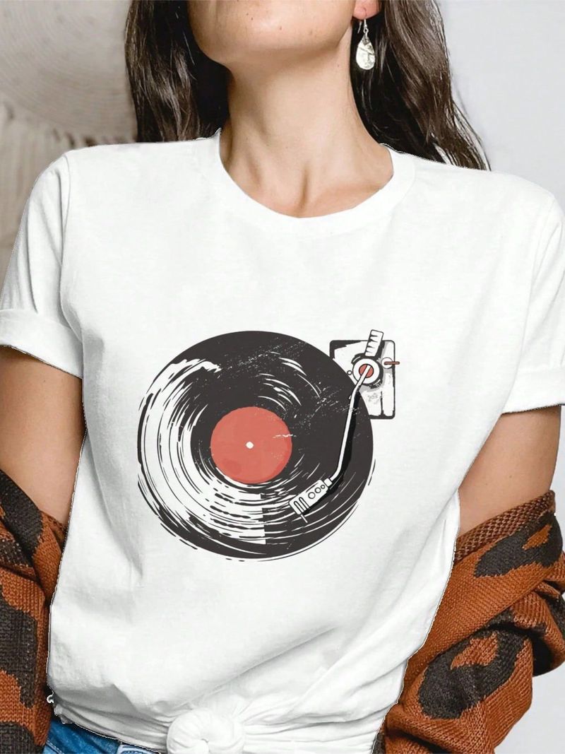 Women's Round Neck Short Sleeve T-Shirt With Vinyl Record & Music CD Print - Trendy Summer Graphic Tee For Casual & Streetwear_voghion.com