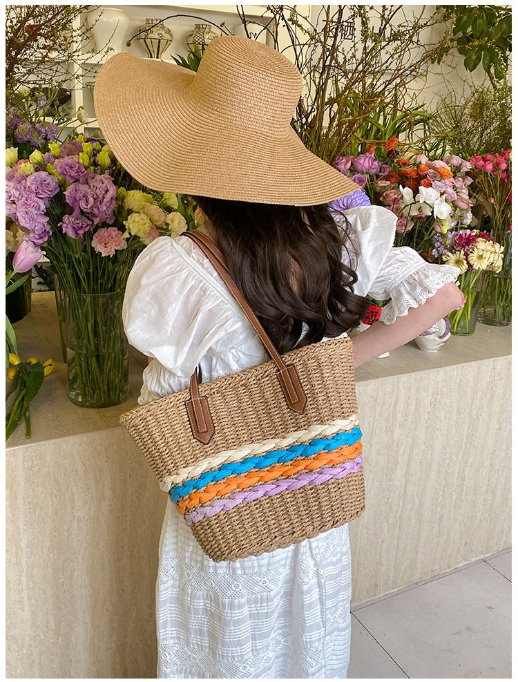 Straw Bag Woven Bag Boho Style Single Shoulder Straw Bag Rainbow Stripe Braided Bag Seaside Holiday Beach Bag_voghion.com
