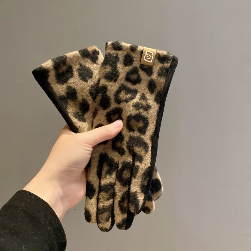 Leopard Print Cashmere Touchscreen For Women, Warmth, Cold Protection, Winter Riding Electric Bikes, Driving,_voghion.com
