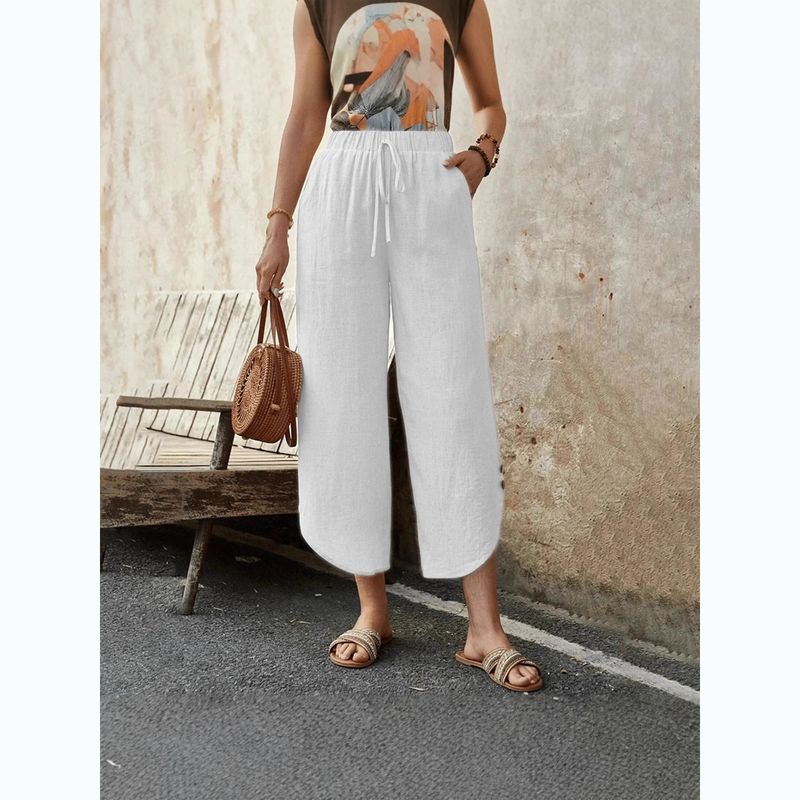 Women's High Waist Wide Leg Pants - Casual Summer Linen Blend Elastic Waist Straight Leg Trousers_voghion.com