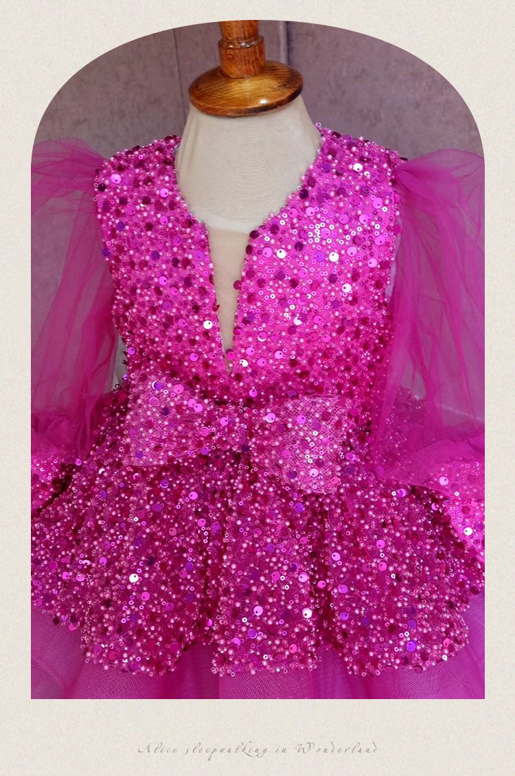 Barnkläder Prinsessklänning för flickor klänning paljetter mesh puffärmar tutu kjol rosa röd klänning prestationsdräkt för barn_voghion.com