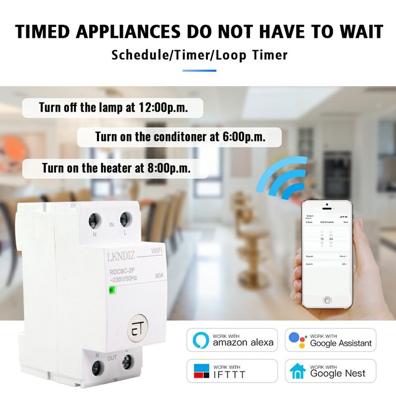 eWek SMART WiFi-Leistungsschalter-Fernbedienung per Sprachsteuerung mit Alexa und Google Home, 18 mm Din-Schiene, RDCBC1P 2P4P_voghion.com