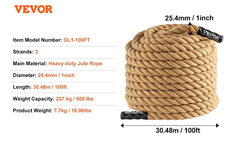 VEVOR 1"x100FT Gym Climbing Rope Fitness Strength Training Rope Home Exercise_voghion.com