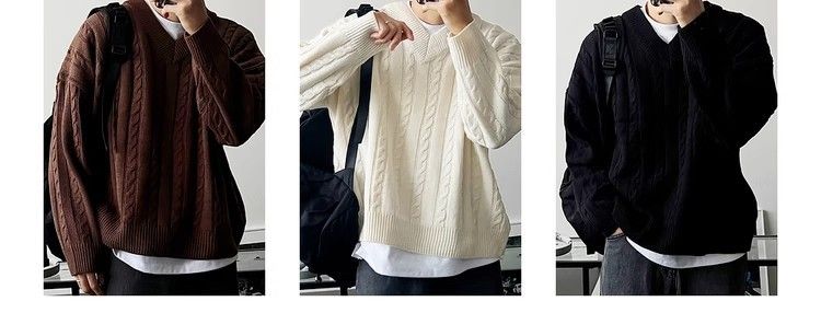 Maglione marrone a trecce con scollo a V per uomo, maglione casual autunnale Melad, maglietta Lazy Base_voghion.com