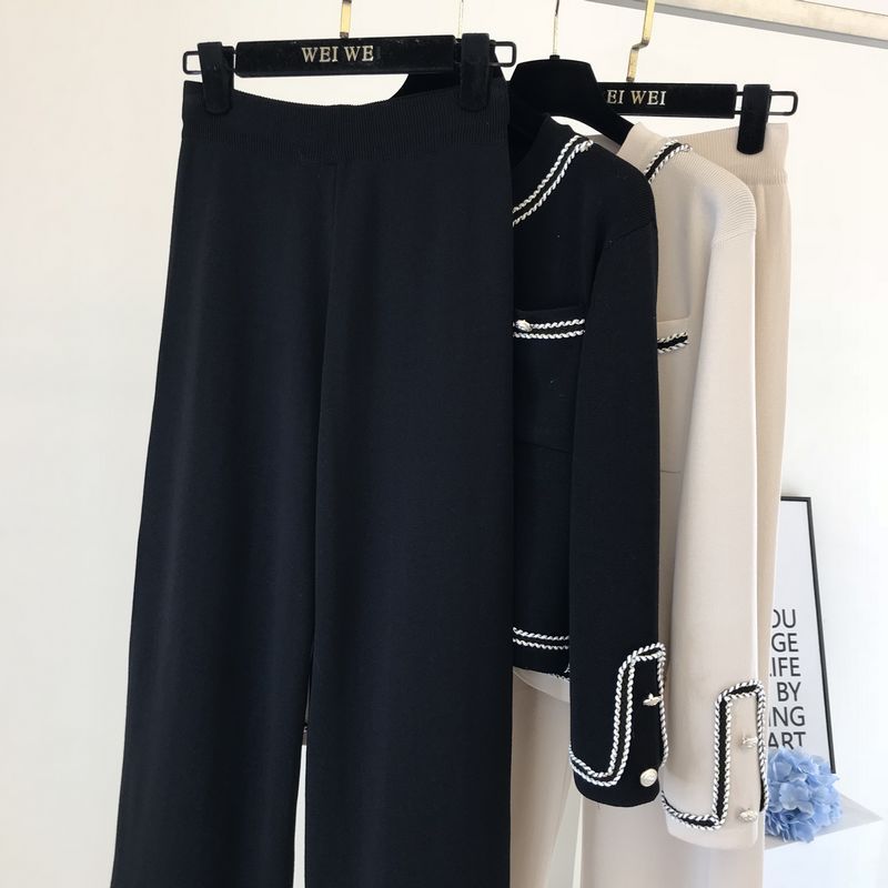 Kadın moda yuvarlak boyun örme hırka üst geniş bacak pantolon iki parçalı set_voghion.com