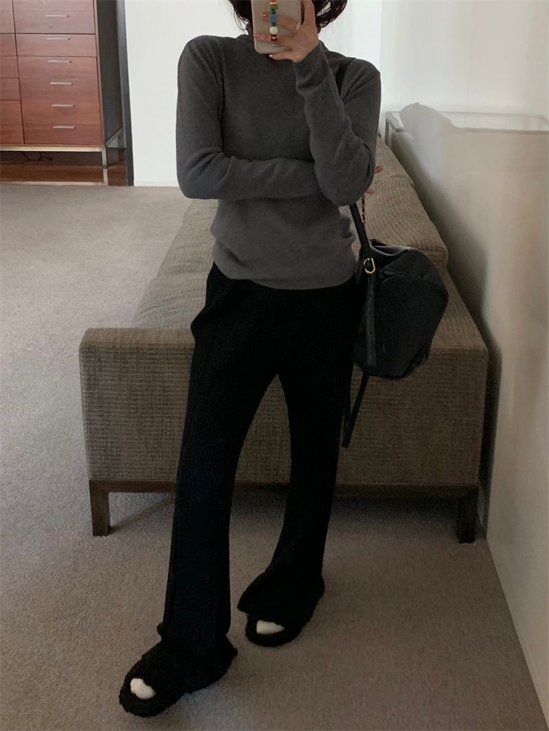 Hoch taillierte Rippstrickhose – Weite Hose mit geradem Bein für Damen (Herbst/Winter, Weiß/Schwarz/Grau/Khaki/Braun)_voghion.com