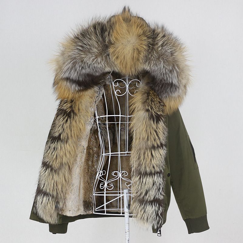 Damenbekleidung Parka im neuen Stil mit dickem Kaninchenfellfutter, abnehmbarem Kragen aus echtem Fuchspelz, Jacke, Pelzmantel für Damen_voghion.com