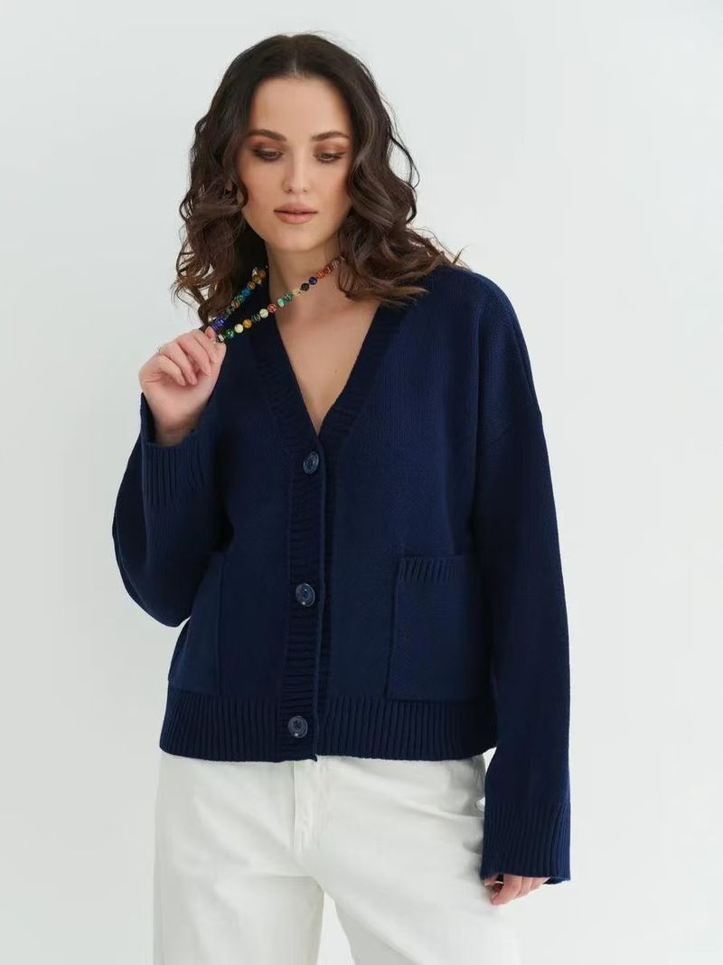 Cardigan en tricot à col en V et poches pour femme - Pull oversize doux et confortable pour l'automne et l'hiver, élégant, coupe ample, décontracté, manches longues, ouvert sur le devant_voghion.com