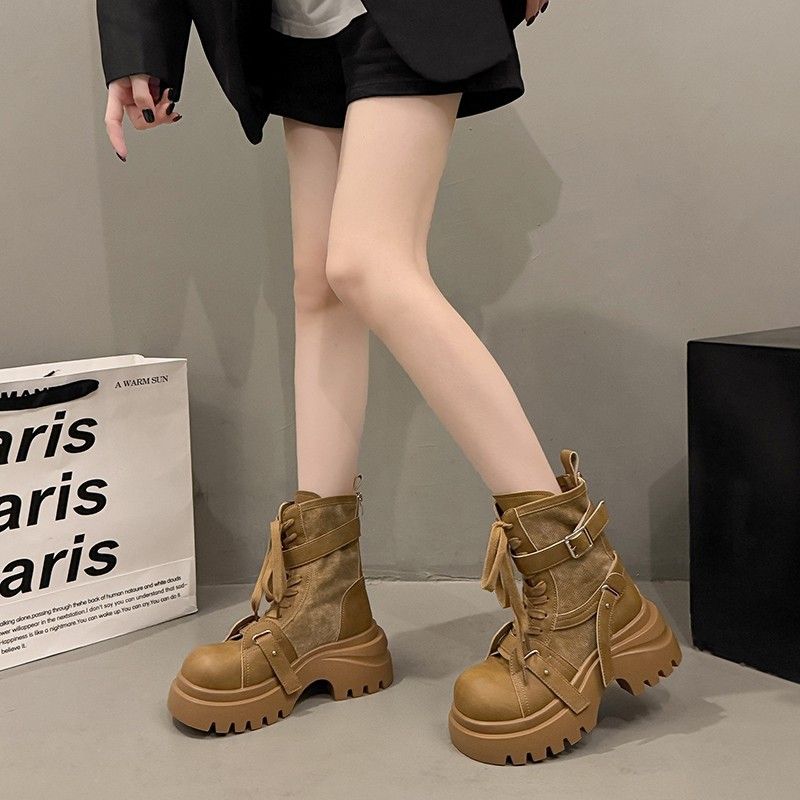 Chunky-Soled Women's Boots Fall/Winter 2025 New Height-Enhancing Work Boots Solid Yellow Boots_voghion.com