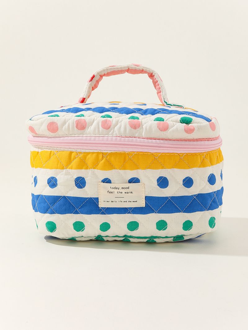Kosmetiktasche aus Baumwolle, tragbar, große Kosmetiktasche, gestreift, gepunktet, Aufbewahrung, tragbar, gesteppte Baumwolle, süße Blumen, Student_voghion.com