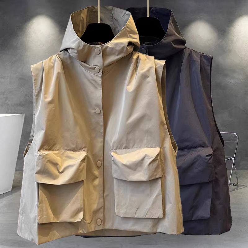 Chaleco con capucha estilo coreano para hombre: prenda ligera con cremallera para primavera y otoño._voghion.com