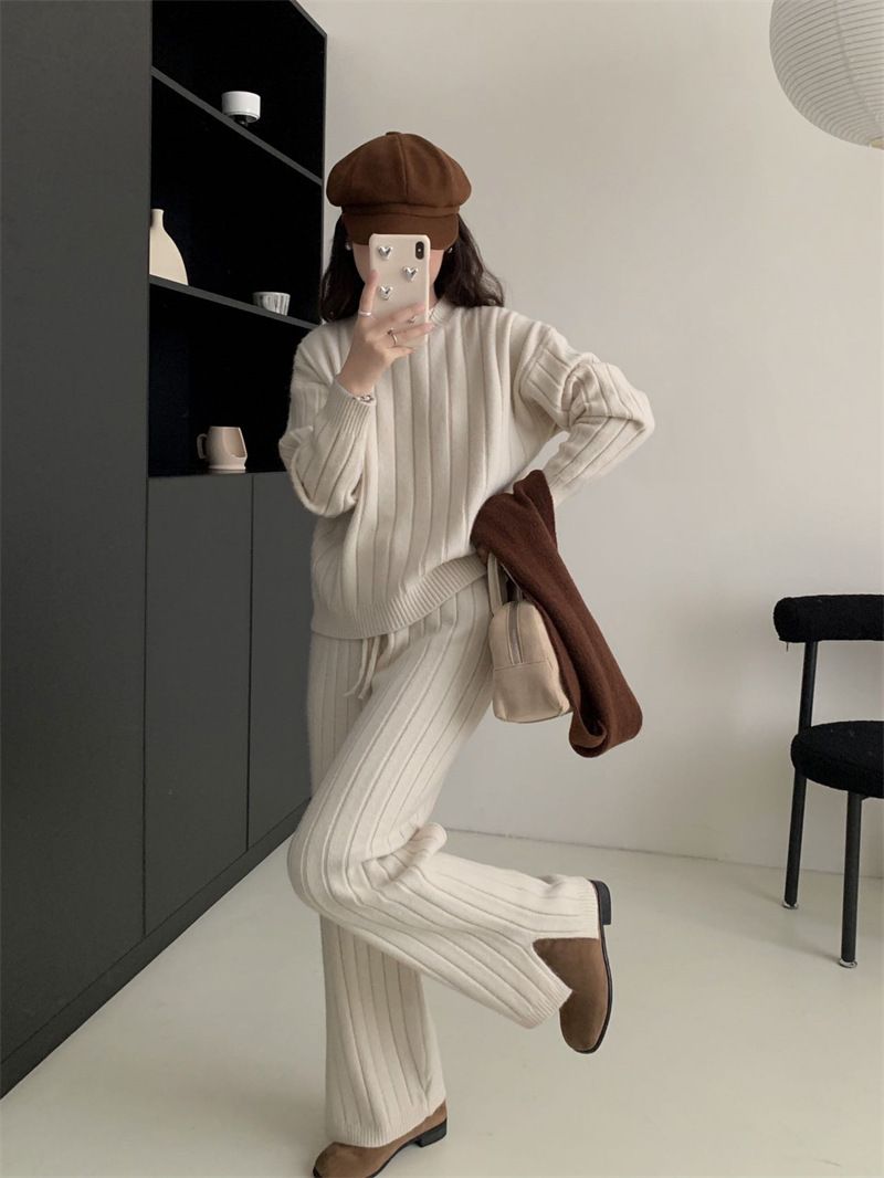 Plus Size Knit Sweater & Wide Leg Pants Set - Soft Ribbed Pullover & Flowy Lounge Trousers, Oversized Comfort Outfit For Women_voghion.com