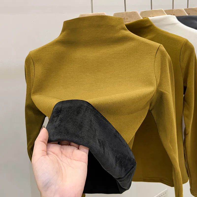 Maglietta a collo alto da donna con fodera in pile termico - Strato di base caldo invernale con pile di volpe argentata, maglia a maniche lunghe attillata per il freddo_voghion.com