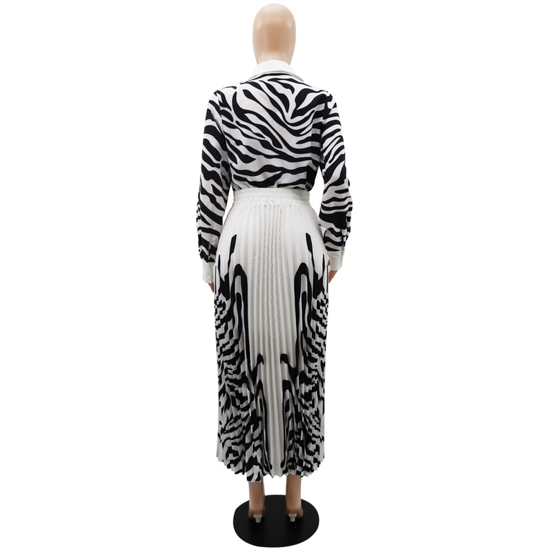 Damenbekleidung Zebra-Print Langarmshirt Lässiger Faltenrock Zweiteiliges Set_voghion.com