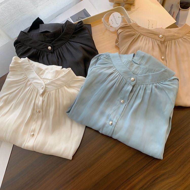 Acetate satin shirt female design niche long sleeve temperament stand collar French retro lantern sleeve professional top spring_voghion.com