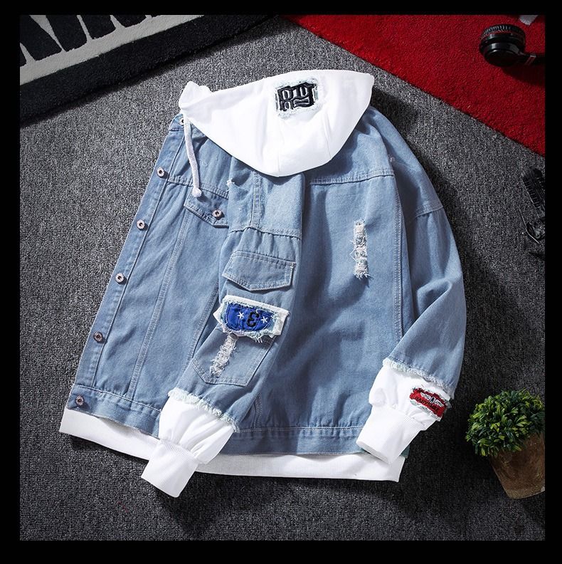 Herren Distressed Jeansjacke mit Kapuze Herbst Casual Streetwear, Slim-Fit Lagenlook (Größen S-XXXL, Baumwollmischung, Hell-/Dunkelblau & Schwarz)_voghion.com