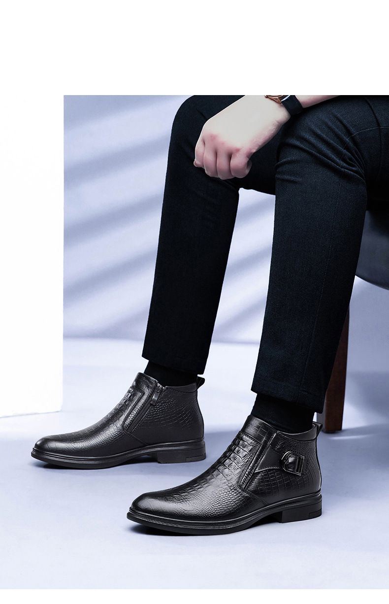 Men's Embossed Crocodile Chelsea Boots Pointed Middle Top Short Boots Wind Martin Boots Men's_voghion.com
