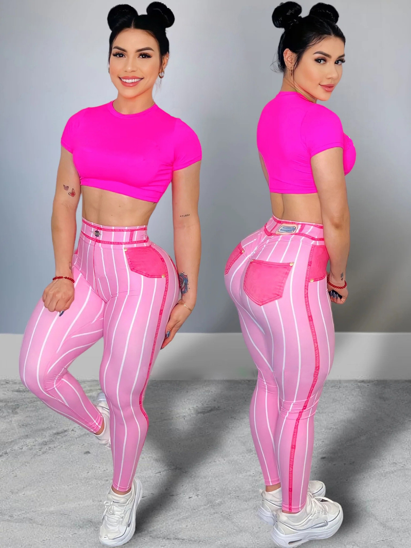 Pantalon de yoga imprimé ligne Imitation denim, taille haute, sexy, tendance, sport, fitness, pour femmes_voghion.com