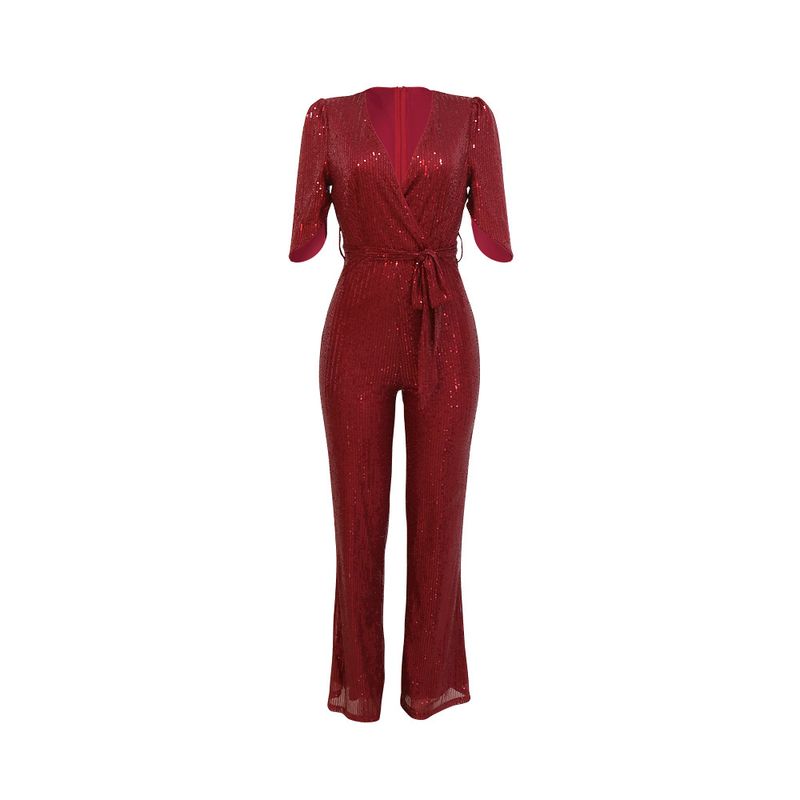 Women's clothing sexy deep v-neck sequined jumpsuit, fashionable sequined party style wide-leg pants for women_voghion.com