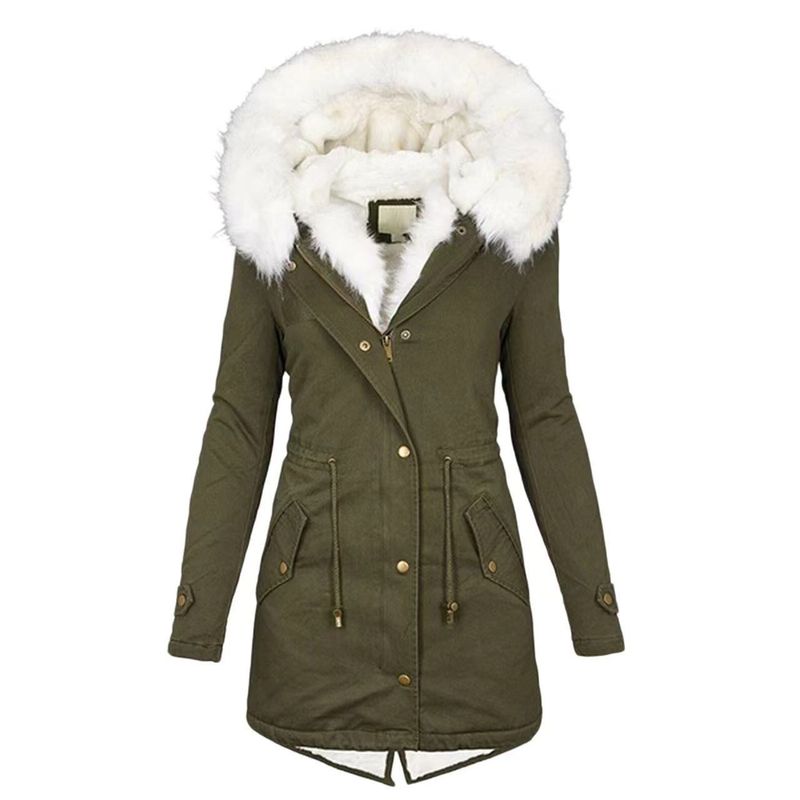 Women's Clothing large size cotton padded jacket with hood fur collar waist slimming thickened and warm mid length cotton coat_voghion.com