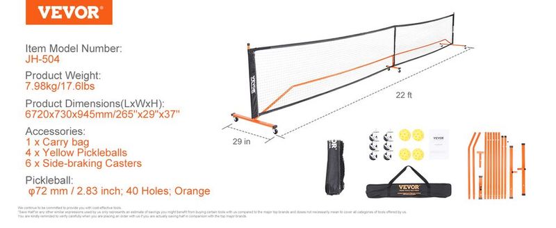 VEVOR Pickleball Net Set, 22FT Regulation Size Portable Pickleball System With Carrying Bag, Balls, And Wheels, Weather Resistant Steady Metal Frame & Strong PE Net, For Outdoor Backyard Driveway_voghion.com