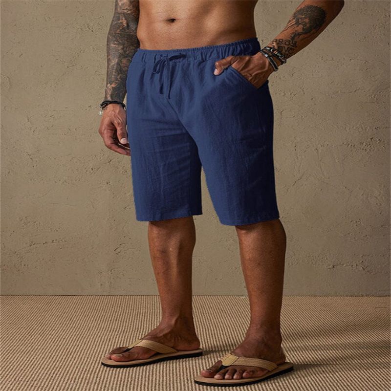 Herren Sommer-Strandshorts aus Leinen-Baumwolle mit Kordelzug, lässig, atmungsaktiv, entspannte Passform, elastischer Bund, mehrere Taschen_voghion.com