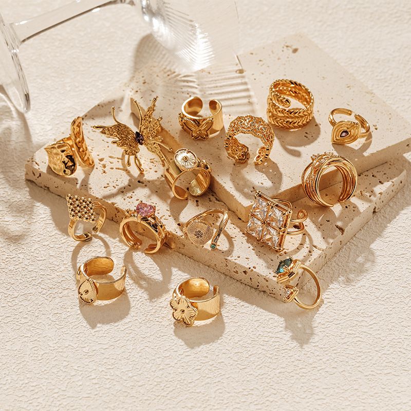Anello di alta qualità in vero oro K placcato in ottone con design a farfalla e personalità, zircone, design squisito a goccia d'acqua_voghion.com