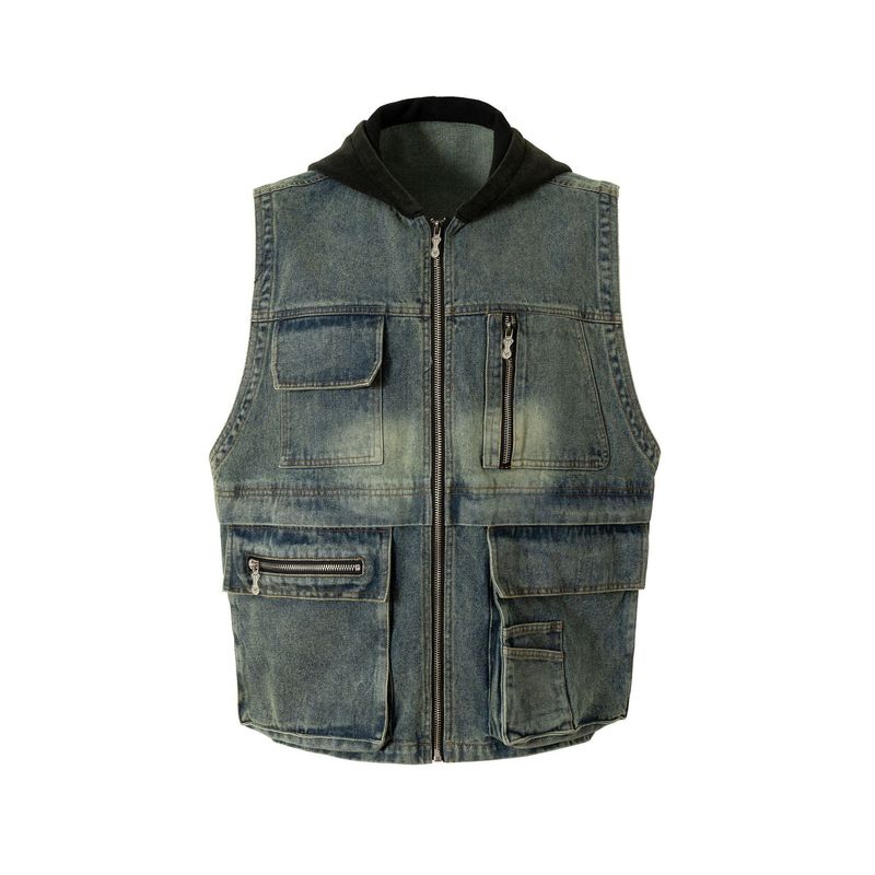 Eon Modish 2025 Autumn New American Street Style Functional Multi-Pocket Hooded Denim Vest Jacket_voghion.com