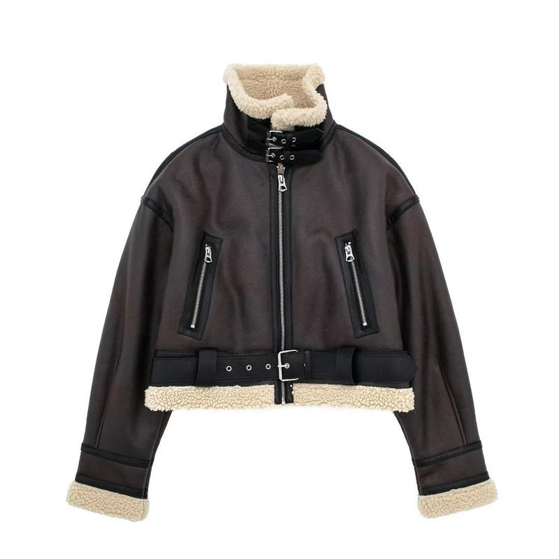 Women's New Double-sided Short Jacket Winter Motorcycle Style Fur One-piece Warm Jacket_voghion.com