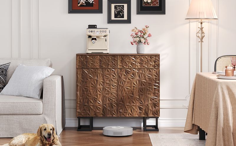 Credenza Kommode 80x78cm Walnussoptik Mit Blattrelief, 2 Schubladen & 2 Türen, Metallbeine_voghion.com